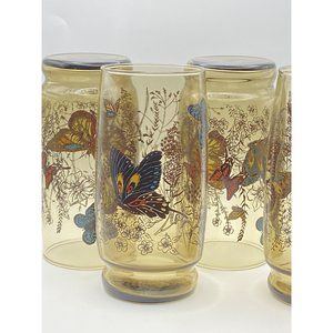 4 Vintage Anchor Hocking Smokey Butterfly Meadow Garden Tumbler Drinking Glasses